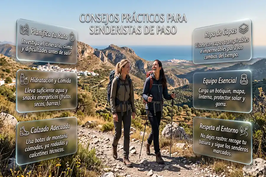 Consejos Prácticos para Senderistas de Paso Consejos prácticos para senderistas con equipamiento e indicaciones en tarjetas flotantes 3D