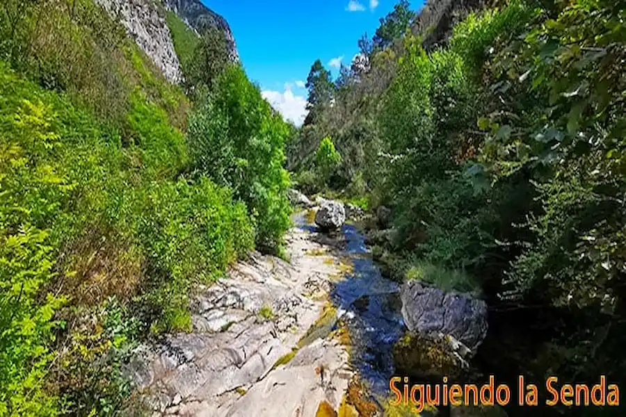 Senderista cruzando un puente de madera sobre el río Casaño, en un tramo donde el terreno puede ser más húmedo.