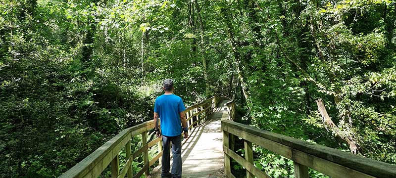 Ruta Pasarelas del Río Mao: Guía Completa para Descubrirla 2 Senderista en la ruta Pasarelas del Río Mao, un increíble recorrido de senderismo en la Ribeira Sacra.