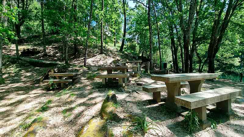 Senda del Río Maneses: La Guía Definitiva del Sendero Mágico de Galicia 7 Área Recreativa de Lodeiro con mesas de piedra para picnic junto al inicio del sendero.
